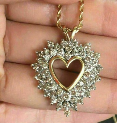 #ad 3CT Round Cut Diamond Heart Pendant 14K Yellow Gold Over Necklace Valentine Gift