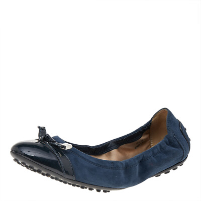 #ad Tod#x27;s Navy Blue Suede And Patent Leather Trim Toe Cap Scrunch Ballet Flats