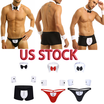 #ad US Men#x27;s 4 Pieces Sexy Lingerie Set Bow Tie Collar Boxer Briefs Tuxedo Underwear