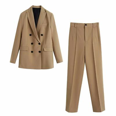 #ad Women Two Piece Set Double Breasted Blazer High Waist Straight Trouser Pant Suit