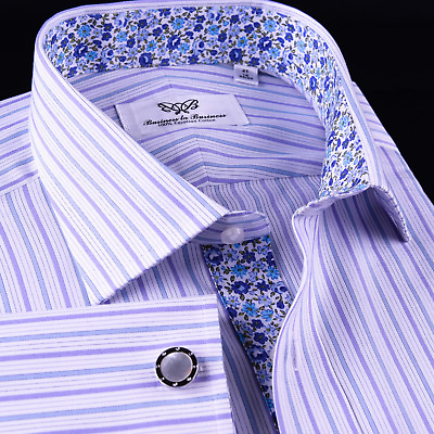 #ad Purple Blue Thunder Twill Stripe Formal Business Dress Shirt Sexy French Cuff