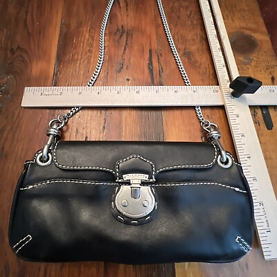 Talbots Black Genuine Leather Shoulder Purse Bag Clutch Silver Tone Chain Strap