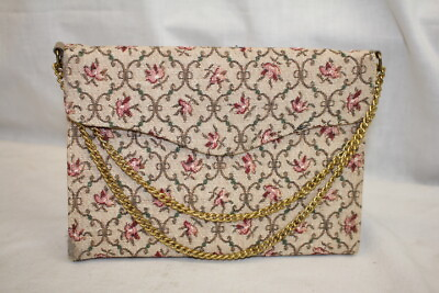 #ad Vtg Textured Floral Evening Bag Cocktail Purse Gold Chain Dual Handle 161