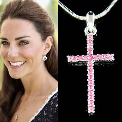 #ad Pink CROSS made with Swarovski Crystal God Lord Jesus Christ Religious Necklace