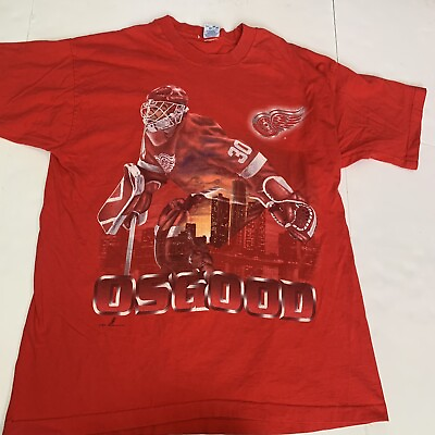 #ad Vintage Salem 1996 NHL Chris Osgood Detroit Red Wings T Shirt Red Lg Tee USA