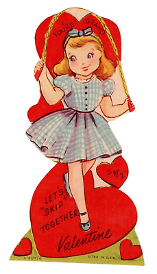 #ad 1950s LETS SKIP TOGETHER Cute Jump Rope Girl Unused Vintage Valentine Card