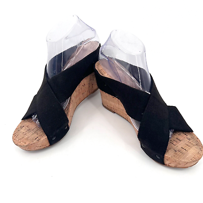 #ad LUCKY BRAND Women#x27;s Sz 9.5M Black Miller 2 Criss Cross Canvas Cork Wedge Sandals