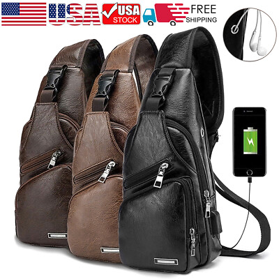 Men Leather Sling Bag Chest Shoulder Crossbody Backpack USB Charging Port Travel $6.99