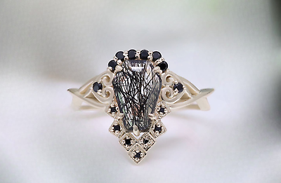 #ad coffin shaped black rutilated quartz engagement ring set rose gold ring set .