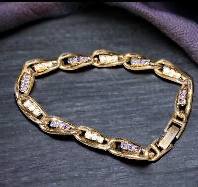 #ad Vintage Purple Clear Rhinestone Gold Tone Bracelet