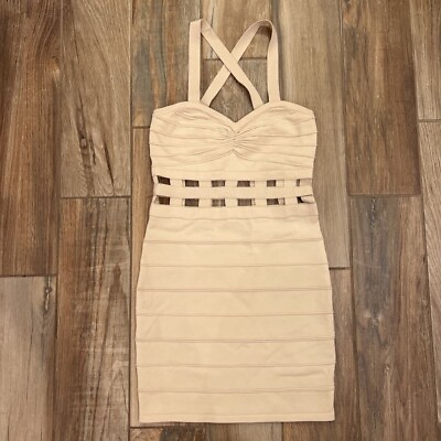 #ad Wow Couture Womens Bandage Dress Beige Cut Outs Short Sleeveless Strappy Knit M