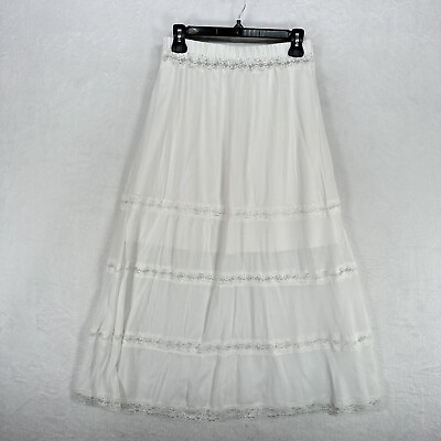 #ad Peasant Skirt Womens Small White Lace Tiered Elastic Waist Boho Prairie Cowgirl