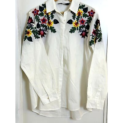 #ad Zara Woman Beautiful Floral Embroidered White Button Down Sz S EUC western