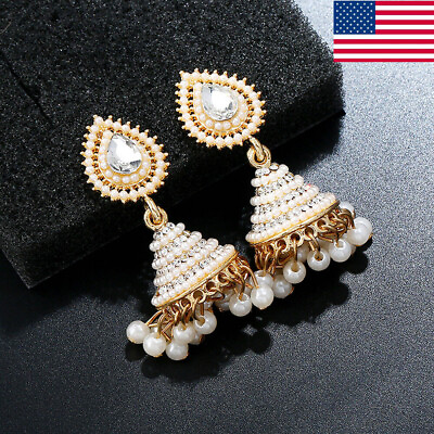 #ad Retro Indian Earrings Pearl Pendant Jhumka Ear Stud Drop Dangle Wedding Jewelry