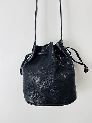 #ad Kenneth Cole Leather Bucket Bag woman’s small cross body black Pullstrings Boho￼