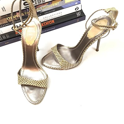 #ad Rene Caovilla Heels 36.5 Brown Snakeskin Print Strappy Ankle Open Toe Women’s