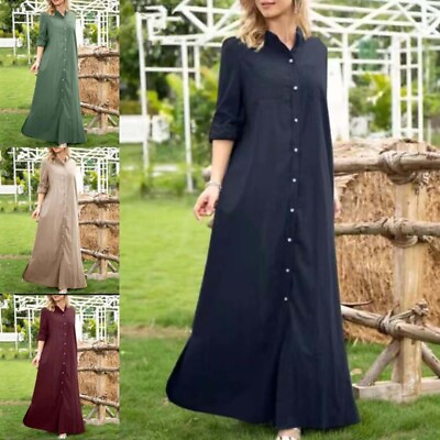 #ad Women Long Dress Kaftan Shirt Dresses Bohemian Sleeve Ladies Maxi Holiday Casual