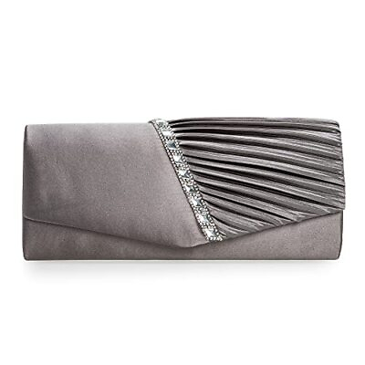 #ad Evening Handbag Crystal Embellished and Pleated Satin Clutch Pewter