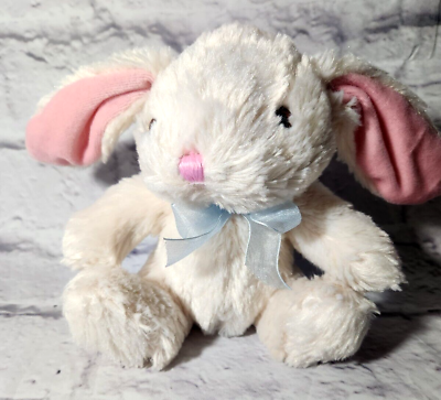#ad Dan Dee Plush Stuffed 7quot; White Pink Bunny Rabbit Animal Floppy Blue Bow