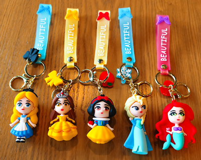 #ad 5 Styles Disney Princess Cartoon PVC 3D Bag Hanger Pendant Keychains Key Rings