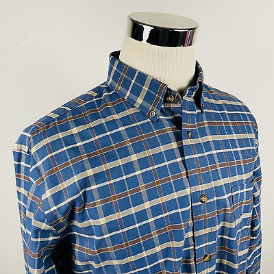 #ad Cabelas Mens Large Oxford Cloth Button Down Shirt Blue Brown Plaid Cotton