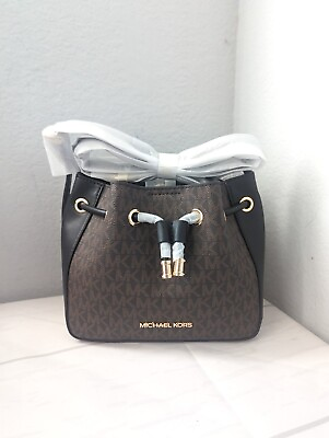 Michael Kors Phoebe Small Logo Bucket Bag Crossbody In Black Brown $159.99