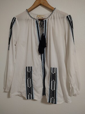 #ad Michael Kors MMK Long Sleeve Cotton Embroidered Neck Tassel Peasant Blouse Large