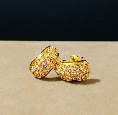 #ad Swarovski Swan Pave Clear Crystal Gold Tone Post Huggie Earrings