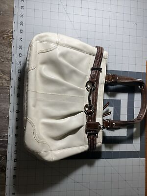 #ad #ad COACH F12476 White Leather Body Brown Trim amp; Handles Tote Bag Shoulder Handbag
