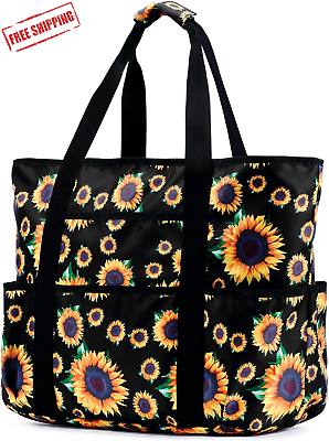 #ad Sunflowers Beach Bags for Women Large Tote Bag Zipper 9 Pockets Travel Nurse🥇🥇