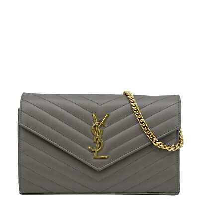 #ad YVES SAINT LAURENT Kate Leather Chain Clutch Crossbody Bag Grey