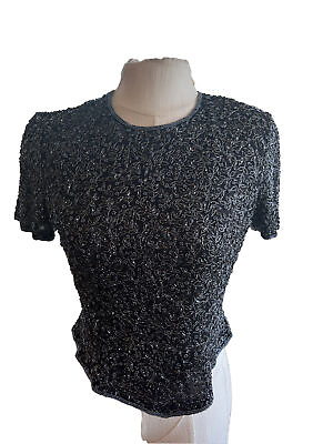 #ad Papell Boutique Evening Black Beaded 100% Silk Top Sz M Elegant Formal Cocktail