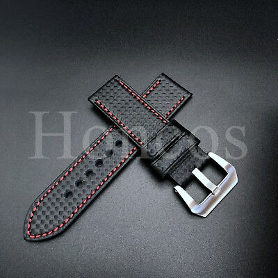 #ad 20 22 24 26 MM Carbon Fiber Black Red Leather Watch Band Strap fits for Invicta