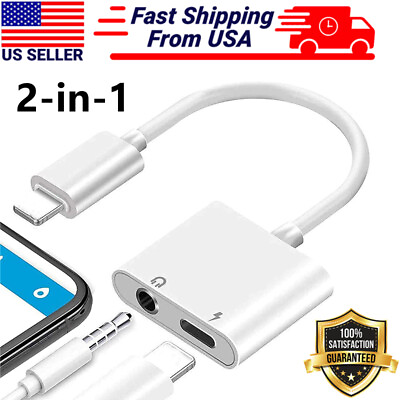 #ad 2 in 1 Audio Splitter Adapter Charger 3.5mm Earphone for iPhone 12 11 8 X MAX XR