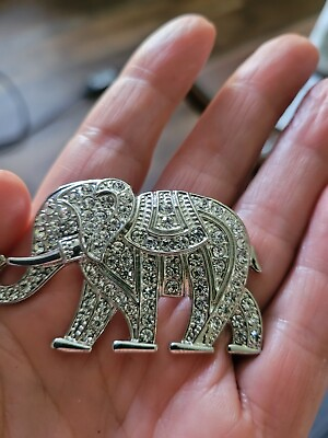 #ad Silver and White Rhinestone Pave Elephant Brooch Unmarked
