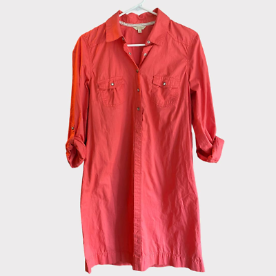 #ad Sonoma Womens Small Shirt Dress Salmon Pink Snap Front Roll Tab Sleeves