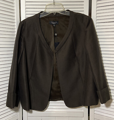 #ad TALBOTS Womens Blazer Sz 8 Open Front Brown Jacket Slit Cuffs NWT Silk Blend
