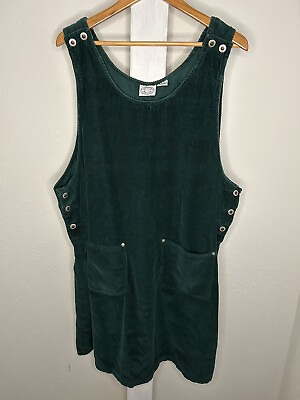 #ad Vintage Womens Plus 22W Green Corduroy Jumper Overall Dress 90s Dark Academia
