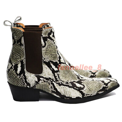 #ad Pointed Toe Mens Pull on Chelsea Ankle Boots Snakeskin Print Real Leather Cowboy