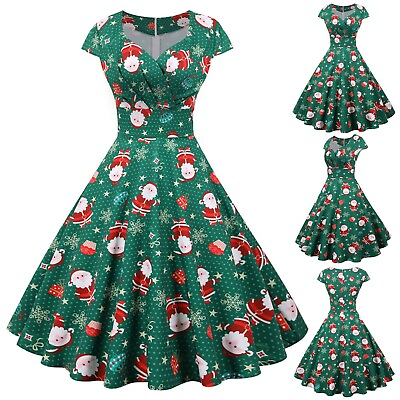 Women Vintage Short Sleeve Christmas 1950s Housewife Evening Party Prom Dress AU $19.37