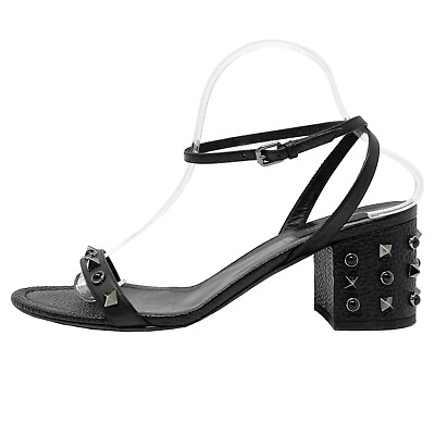 #ad Valentino Black Textured Pebbled Leather Rolling Rockstud Block Heel Sandals