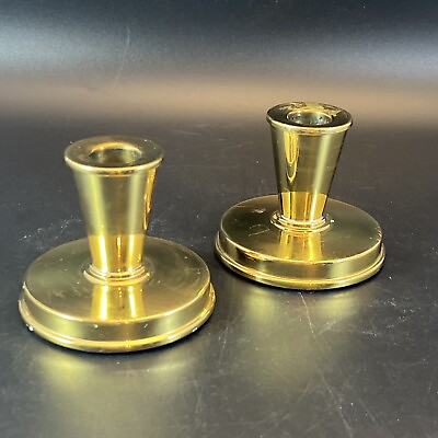#ad VTG MCM Brass Candlestick Holders Round Base 3.25” PAIR Contemporary By Crown