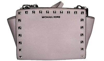 #ad Pre Owned Michael Kors Selma Studded Gray Leather Silver Hardware Crossbody Bag