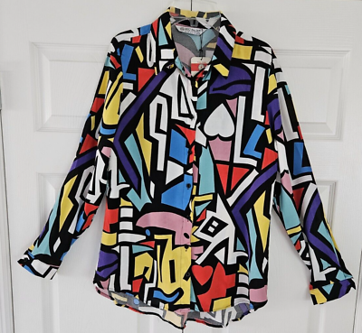 #ad Big Dart Womens Size Small EU 38 Button Front L S Blouse Abstract Artsy NWT