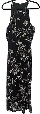 #ad White House Black Market Jumpsuit 18 Black Floral Halter Sleeveless Chiffon Zip