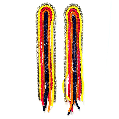#ad Long Rainbow Earrings Dangle Tassel Seed Bead Rhinestone Handmade 4.25” Huggies