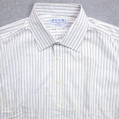 #ad Thomas Pink Dress Shirt 17.5 36 White Stripe Long Sleeve NEW Mens