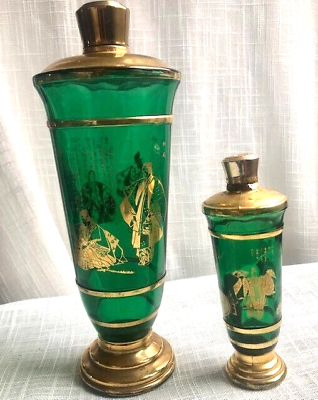 #ad 2 Vintage Mid Century Japanese Gold Decorated Green Glass Sake Bottles Asian