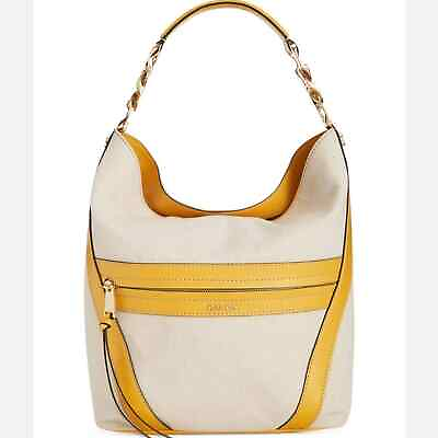 #ad Calvin Klein Sadia oatmeal Canvas yellow trim Hobo Shoulder Bag Women#x27;s 14”x11”