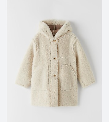 #ad Zara Girls Faux Shearling Hooded Coat size 8